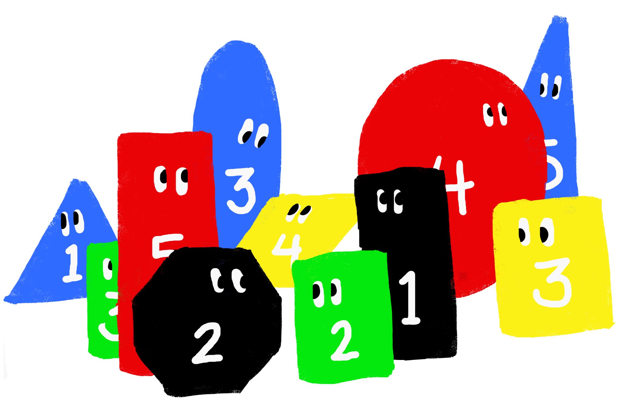Various colored and numbered shapes.